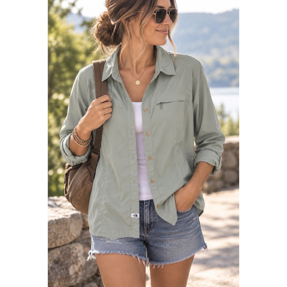The North Face Womens XL Sage Green Vented Long Sleeve Hiking Shirt Button Down